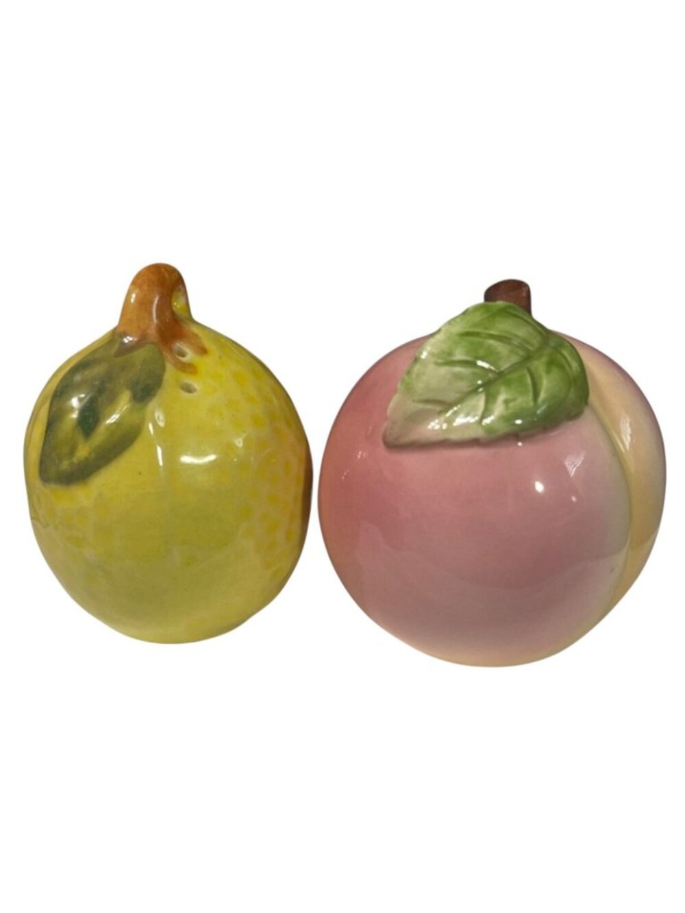 Vintage Ceramic Lemon Peach Salt And Pepper Shaker Mismatched Set Kitchen Decor